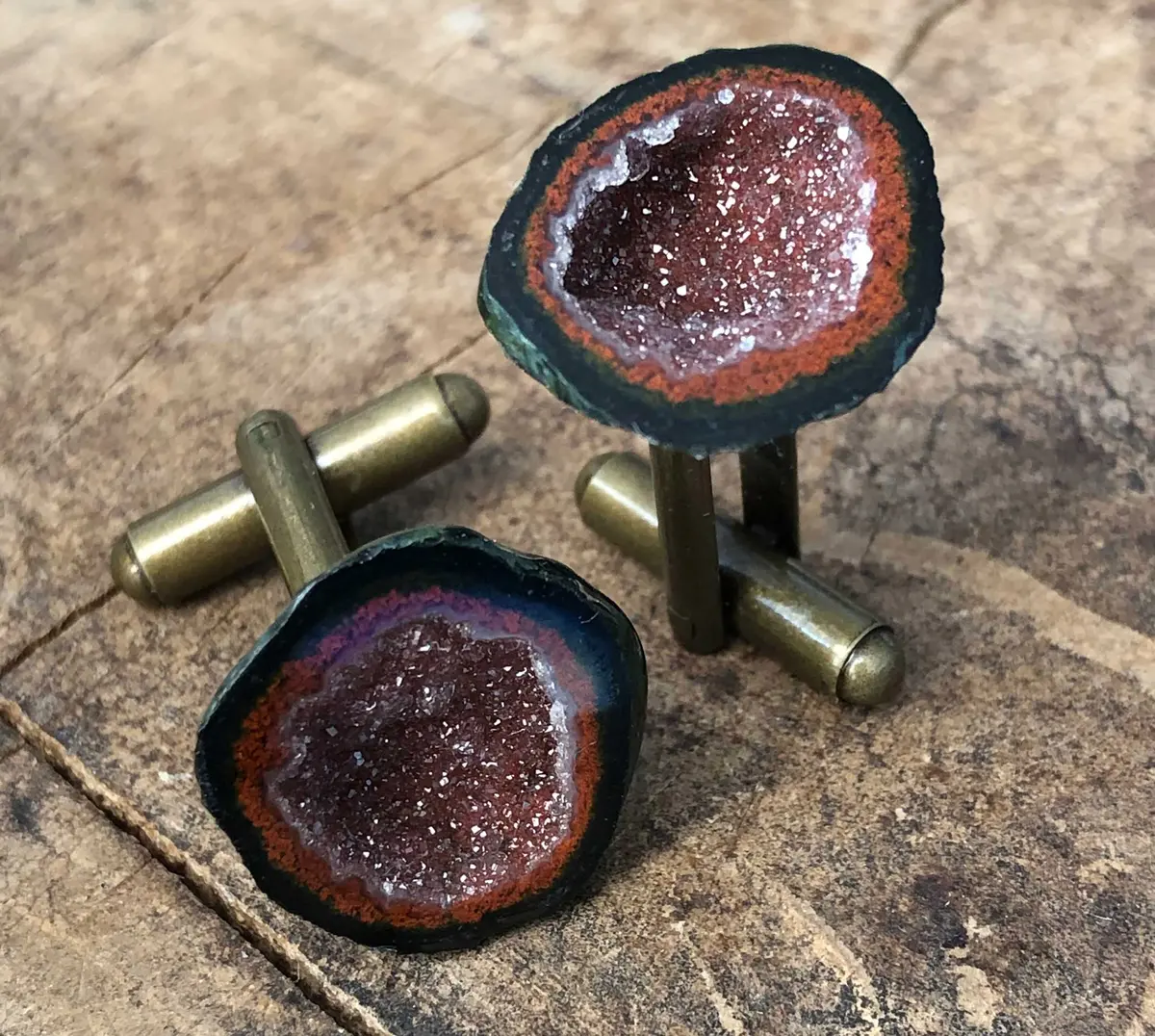 Red Moss Agate Geode Cufflinks, Amethyst Tabasco Geode Cuff Links 1