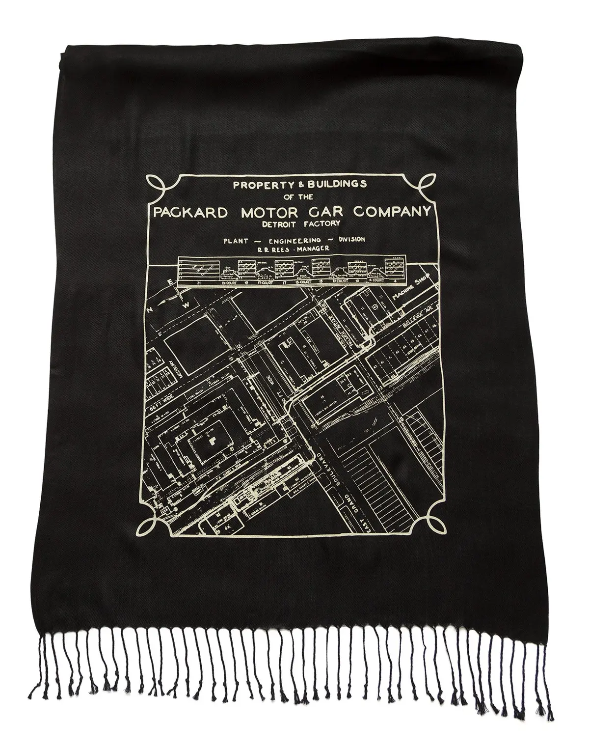 Detroit Map Scarf, Packard Plant Engineering Blueprint Bamboo Pashmina 1