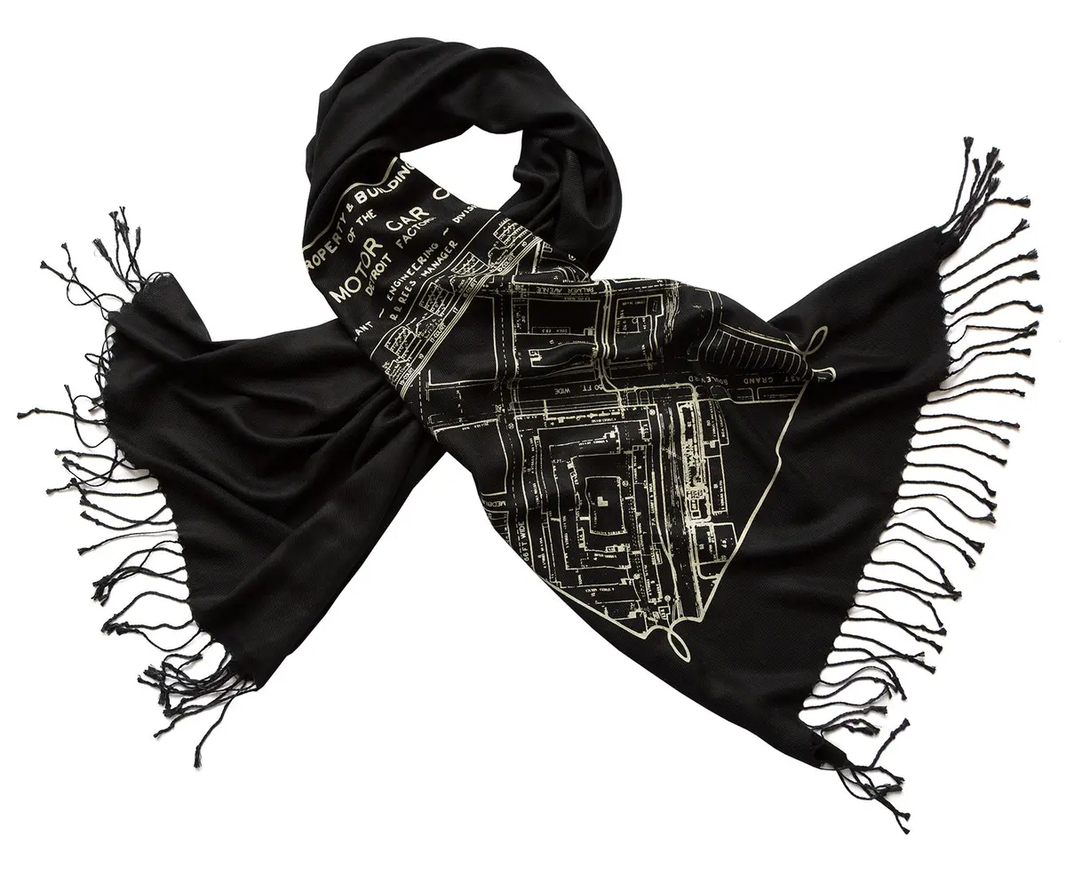 Detroit Map Scarf, Packard Plant Engineering Blueprint Bamboo Pashmina 2