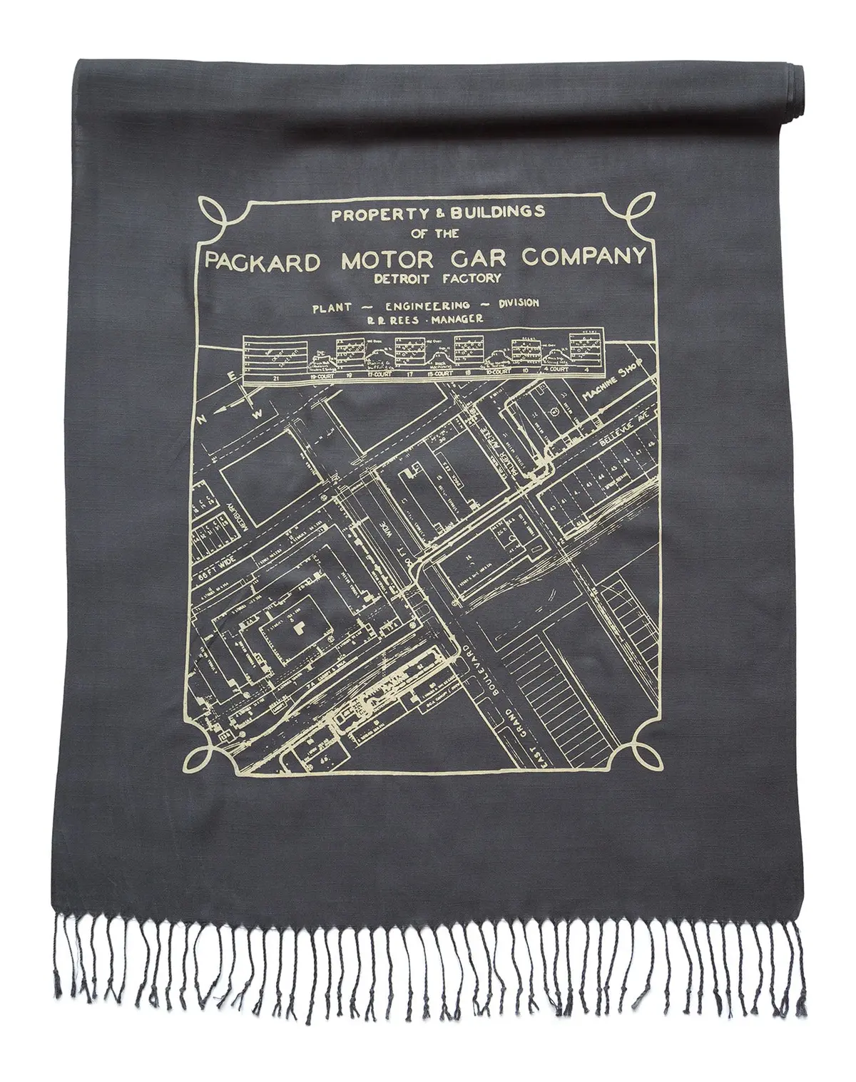 Detroit Map Scarf, Packard Plant Engineering Blueprint Bamboo Pashmina 2