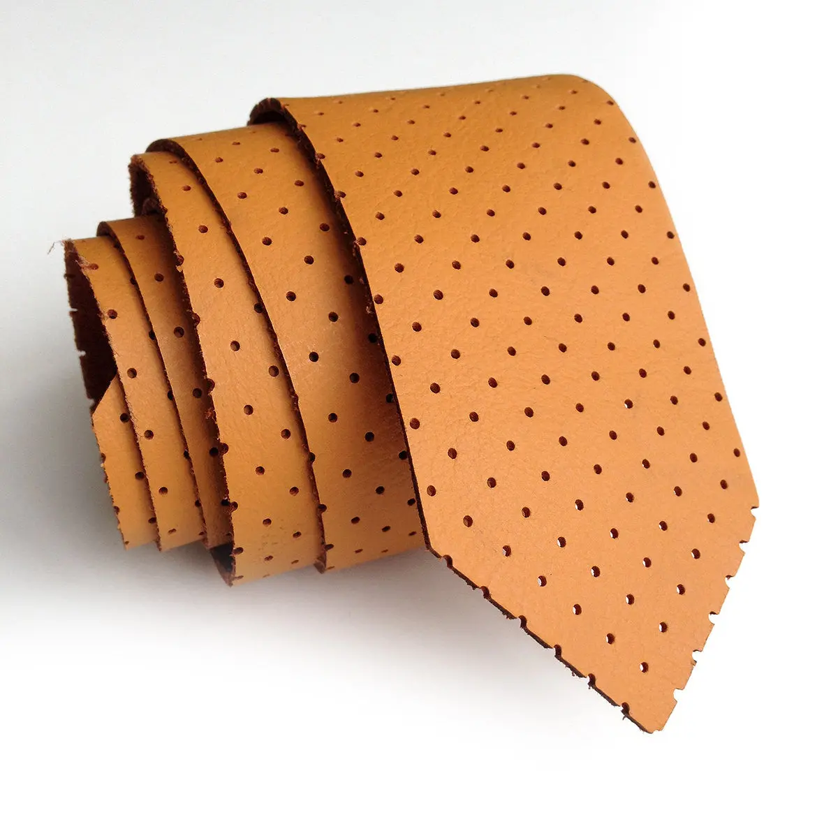Perforated Burnt Orange Leather Necktie, Automotive Leather Tie 1