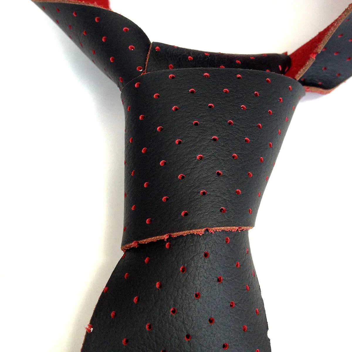 Perforated Black & Red Leather Necktie. Red Backed Automotive Leather Tie 1