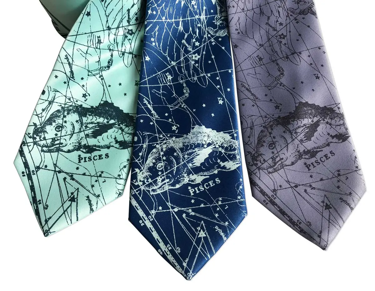 Pisces Necktie, Fishes Zodiac Constellation Print Tie 1