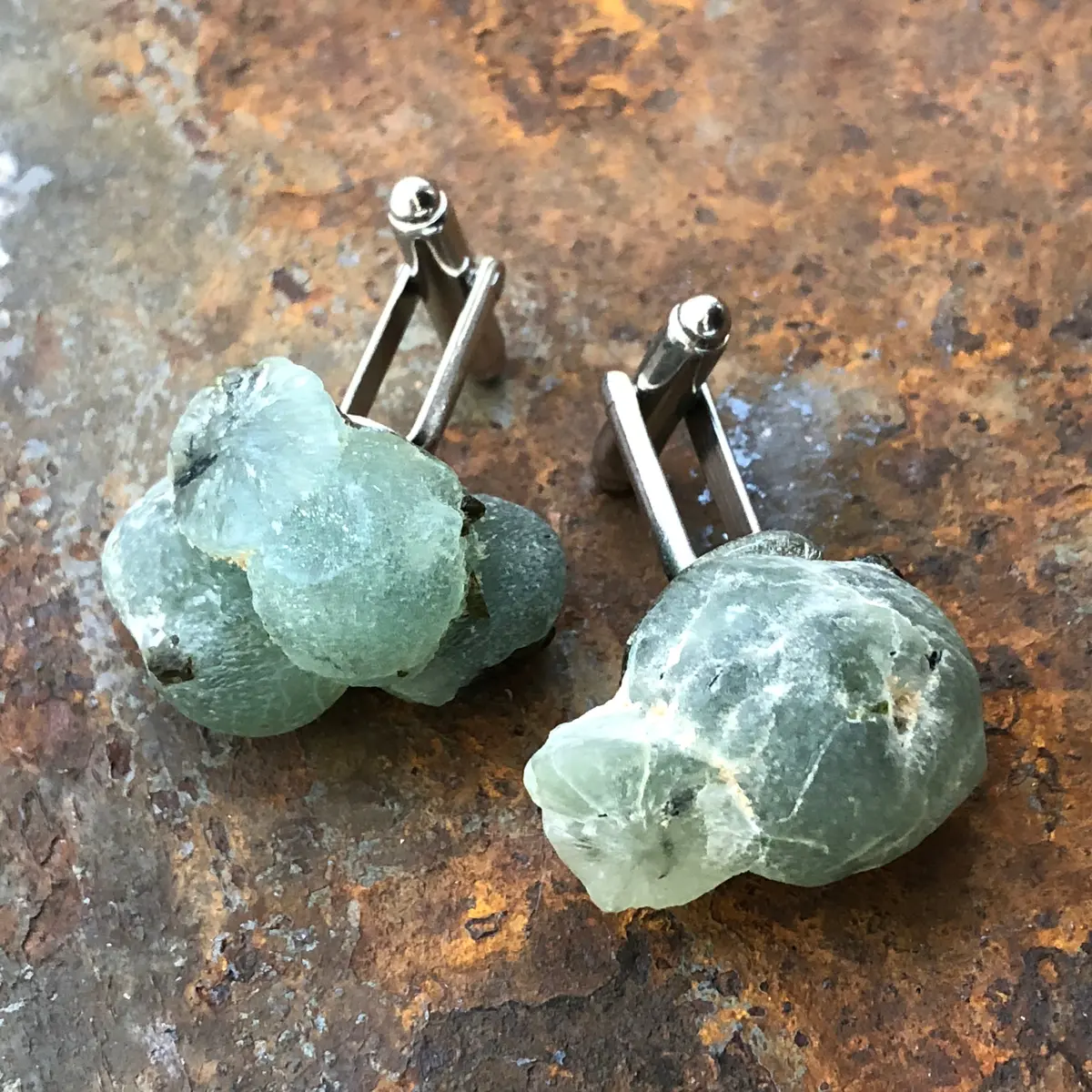 Prehnite Cufflinks. Prehnite Crystal, Raw Stone Cuff Links 1