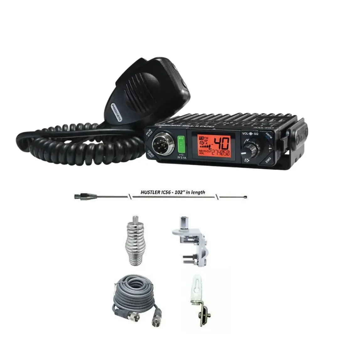 President Bill Ii Fcc Am/Fm Compact Cb Radio, Hustler Ic56 102" Cb Radio Stainless Steel Whip Antenna & Installation Kit - 18' Rg8x, Tie Down, Combo 1