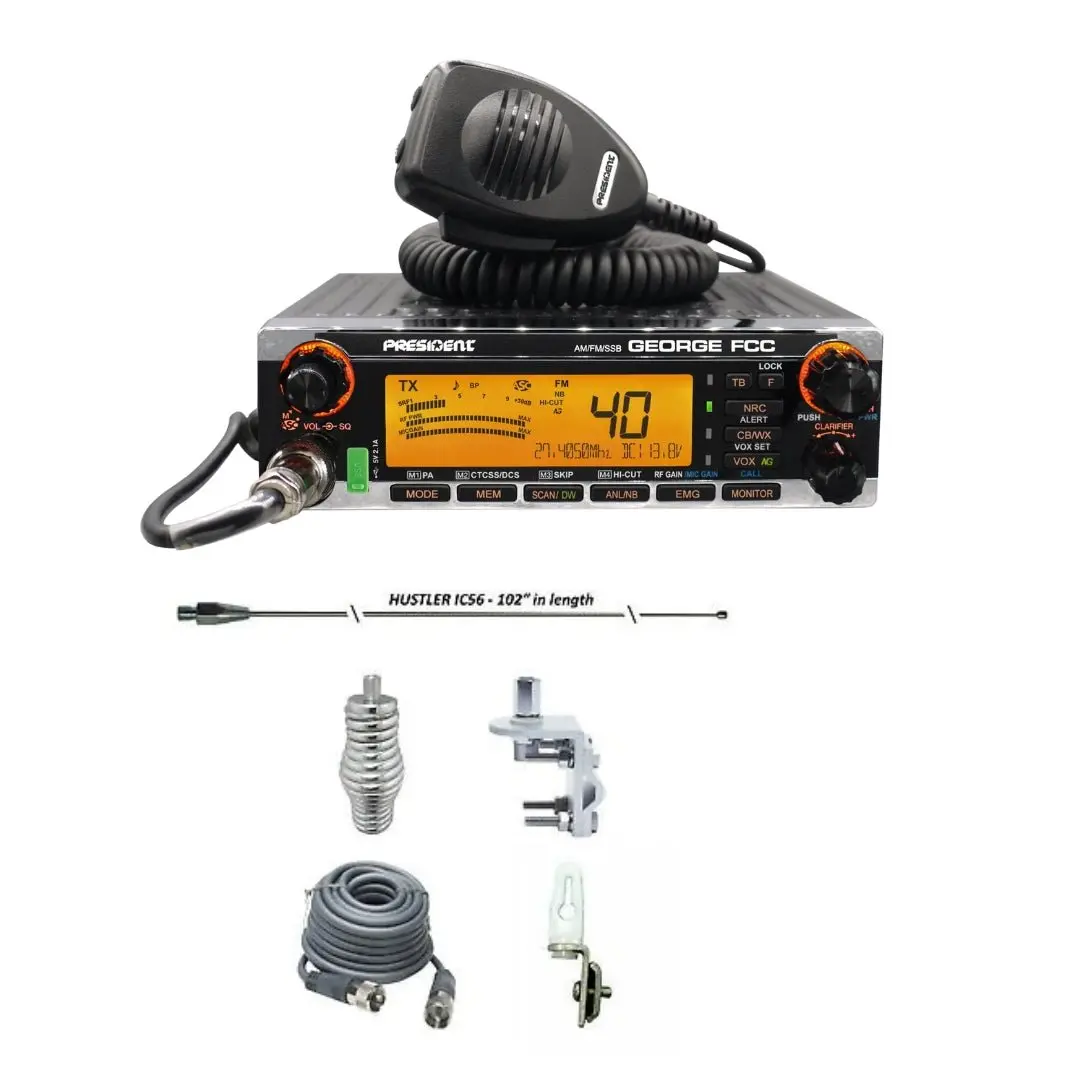 President George Cb Radio, Hustler Ic56 102" Cb Radio Stainless Steel Whip Antenna & Installation Kit - 18' Rg8x, Tie Down, Combo 1