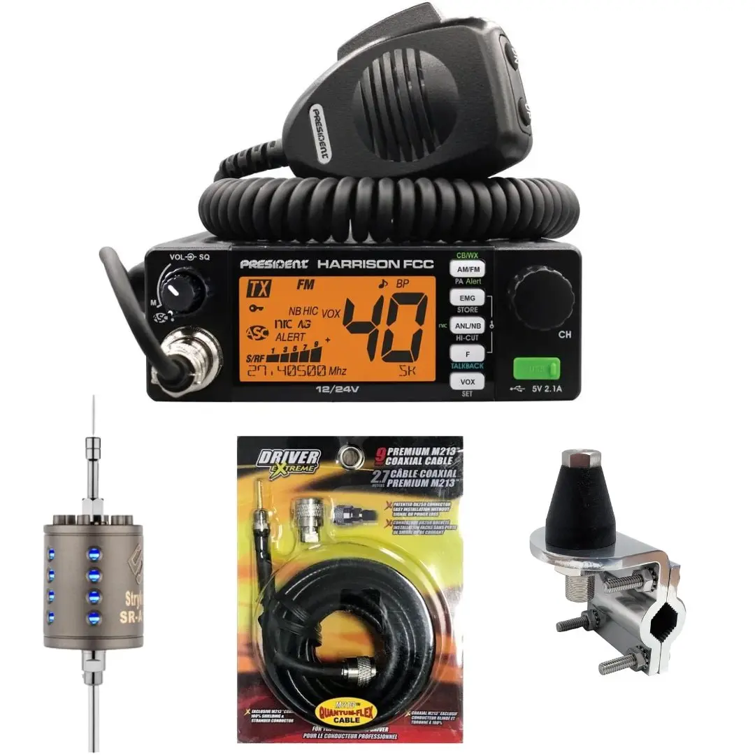 President Harrison 40 Channel Am/Fm Cb Radio, Stryker Sr-A10, Drx-3402 Heavy Duty Antenna Mirror Mount, Drx-1518 18 Foot Premium M213, Combo 1