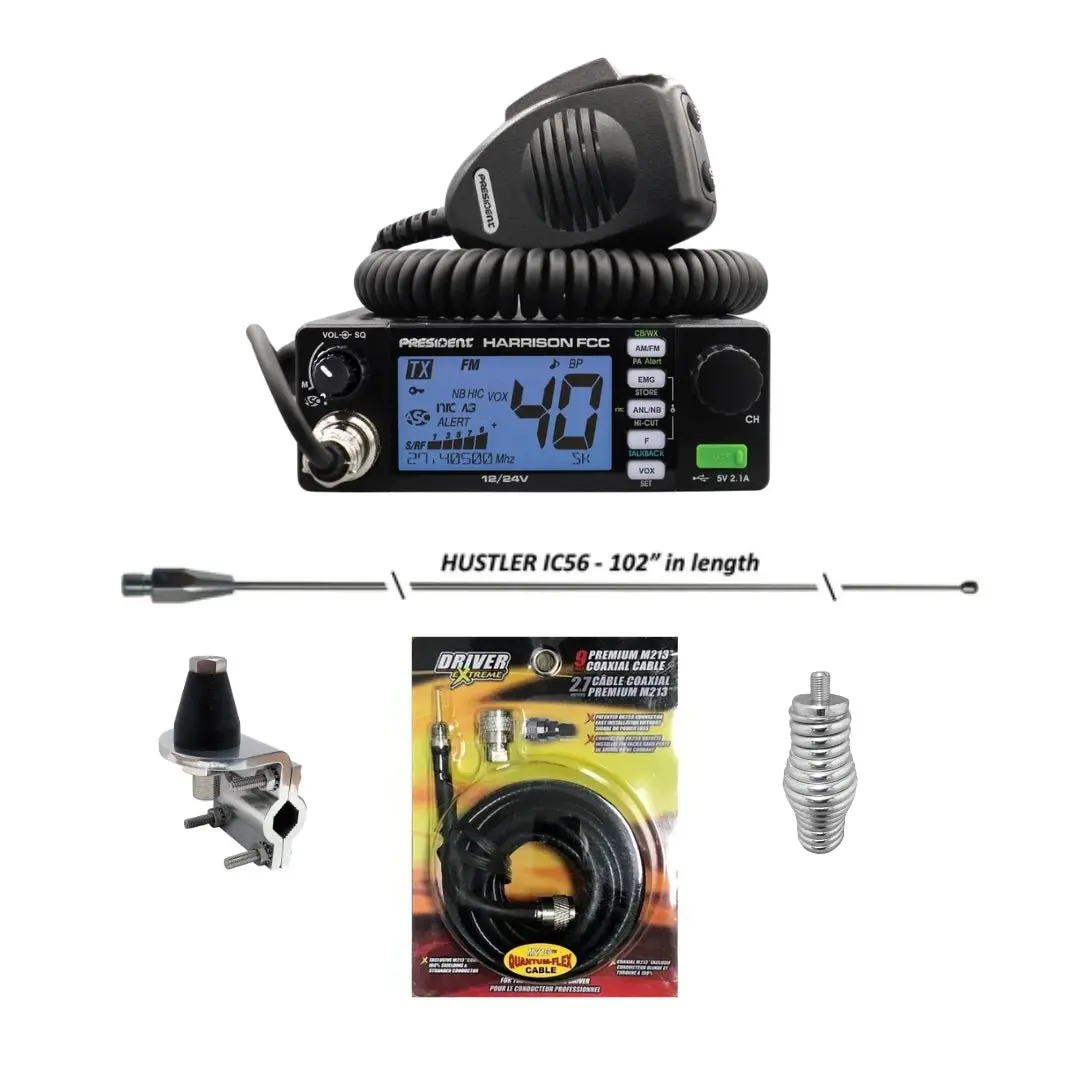President Harrison 40 Channel Cb Radio, Hustler Ic56 102 Inch Whip, Antenna Mirror Mount, Barrel Spring, Coax Cable, Bundle 1