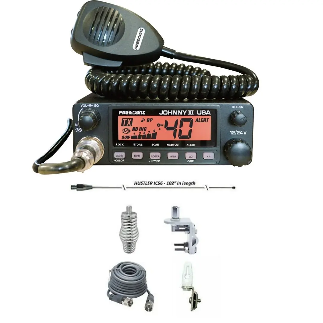 President Johnny Iii Cb Radio, Hustler Ic56 102" Cb Radio Stainless Steel Whip Antenna & Installation Kit - 18' Rg8x, Tie Down, Combo 1