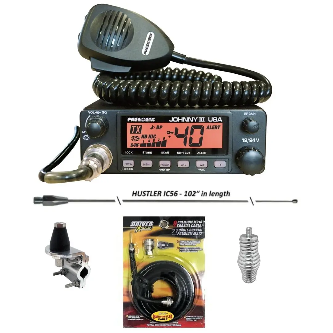 President Johnny Iii Cb Radio, Hustler Ic56 102 Inch Whip, Antenna Mirror Mount, Barrel Spring, Coax Cable, Bundle 1