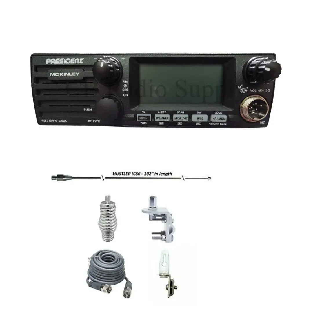 President Mckinley Cb Radio, Hustler Ic56 102" Cb Radio Stainless Steel Whip Antenna & Installation Kit - 18' Rg8x, Tie Down, Combo 1