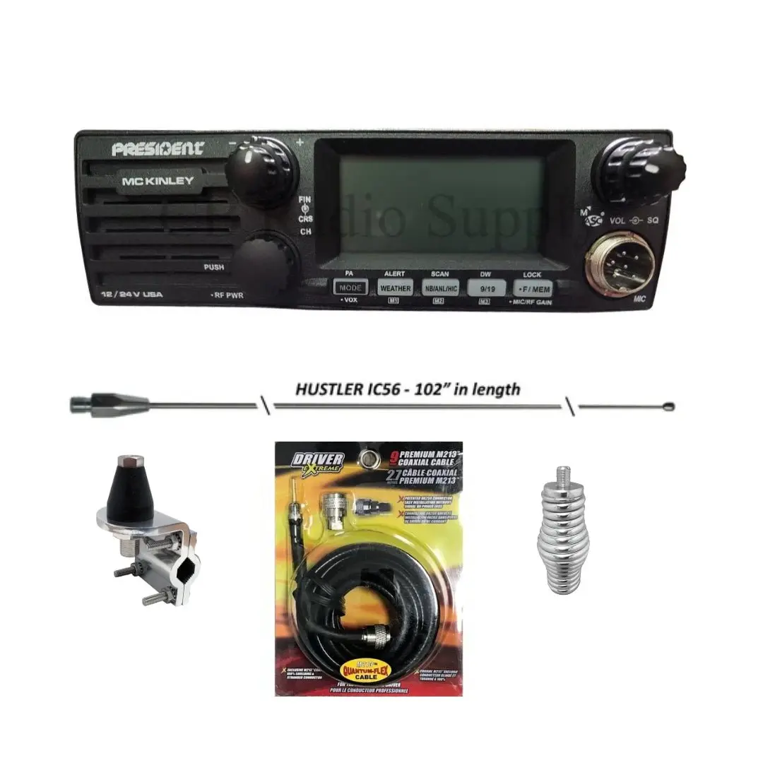 President Mckinley Cb Radio, Hustler Ic56 102 Inch Whip, Antenna Mirror Mount, Barrel Spring, Coax Cable, Bundle 1