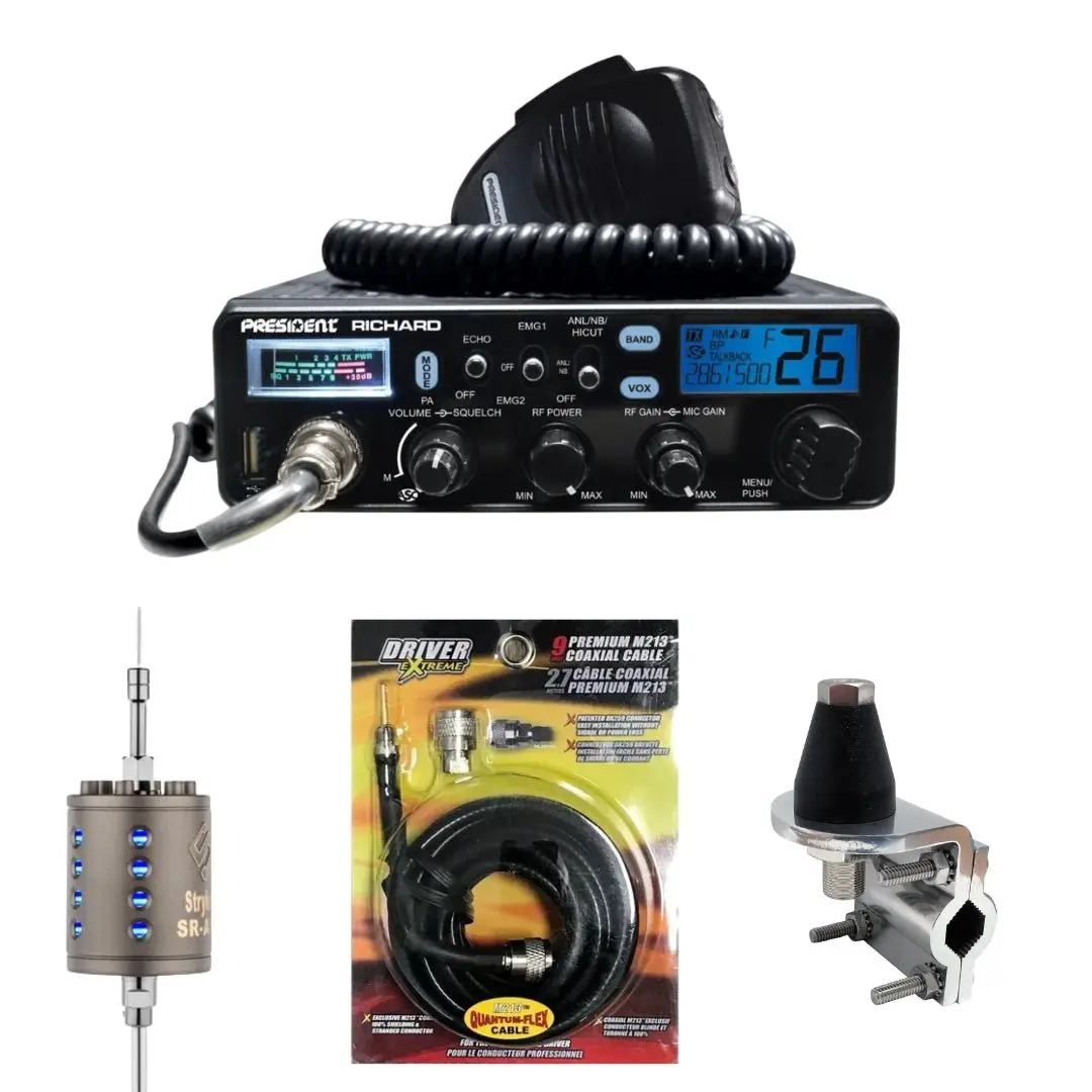 President Richard 10 Meter Radio, Stryker Sr-A10, Drx-3402 Heavy Duty Antenna Mirror Mount, Drx-1518 18 Foot Premium M213, Combo 1