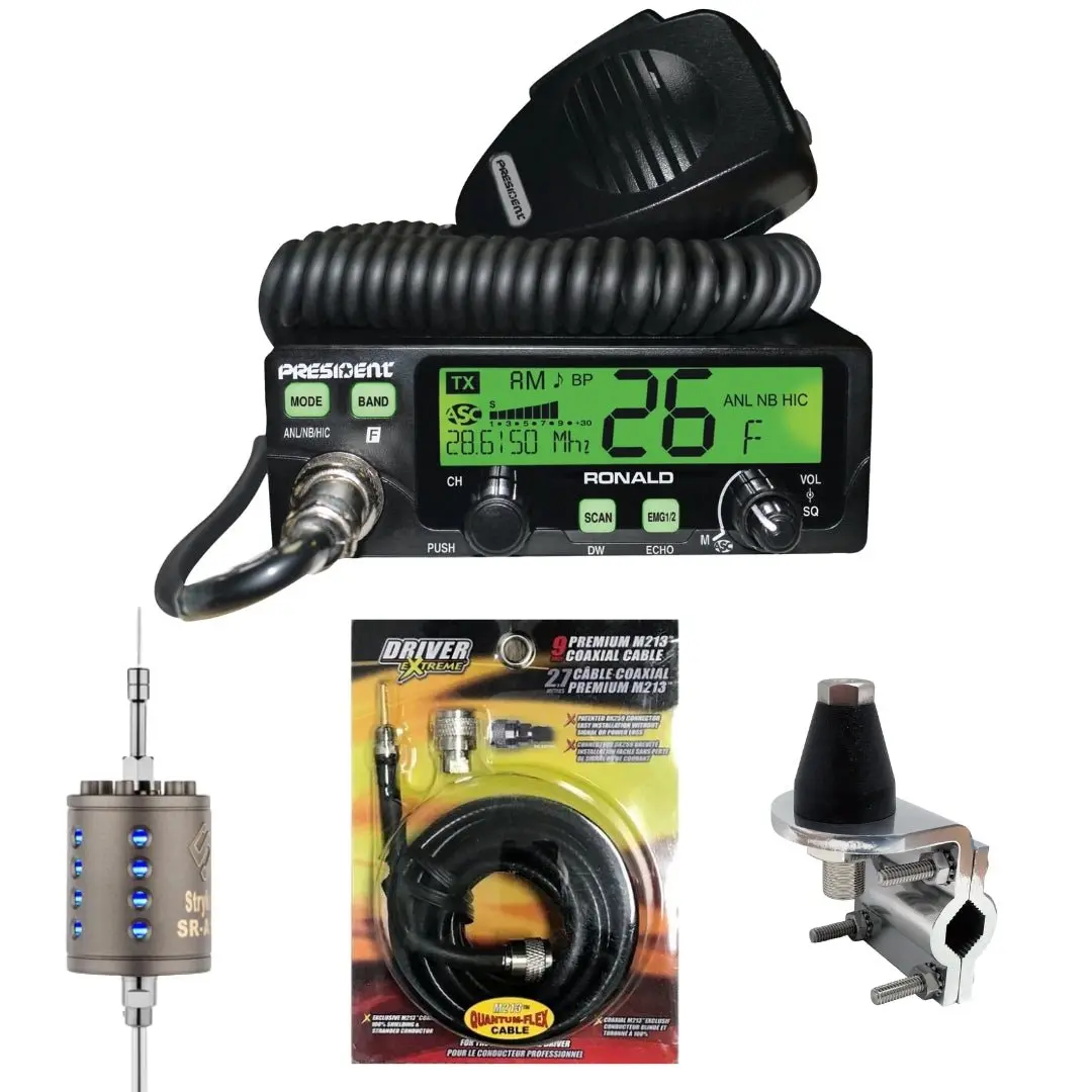 President Ronald 10 Meter Radio, Stryker Sr-A10, Drx-3402 Heavy Duty Antenna Mirror Mount, Drx-1518 18 Foot Premium M213, Combo 1