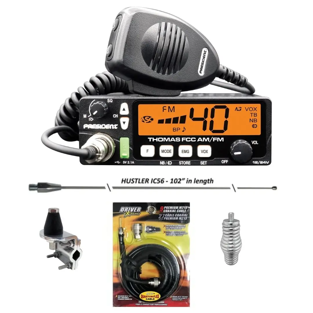 President Thomas Cb Radio, Hustler Ic56 102 Inch Whip, Antenna Mirror Mount, Barrel Spring, Coax Cable, Bundle 1