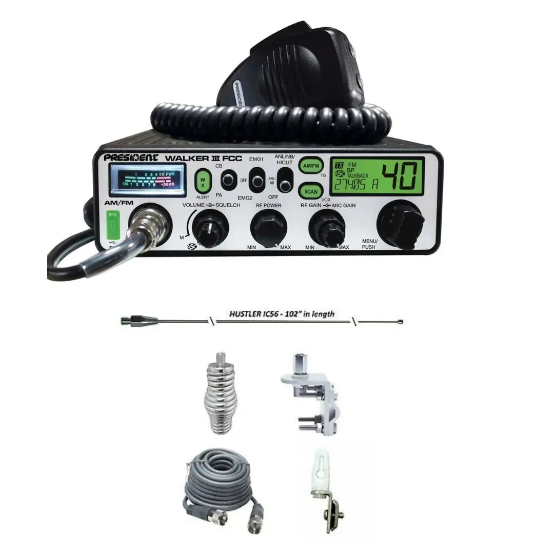 President Walker Iii Am/Fm Cb Radio, Hustler Ic56 102" Cb Radio Stainless Steel Whip Antenna & Installation Kit - 18' Rg8x, Tie Down, Combo 1