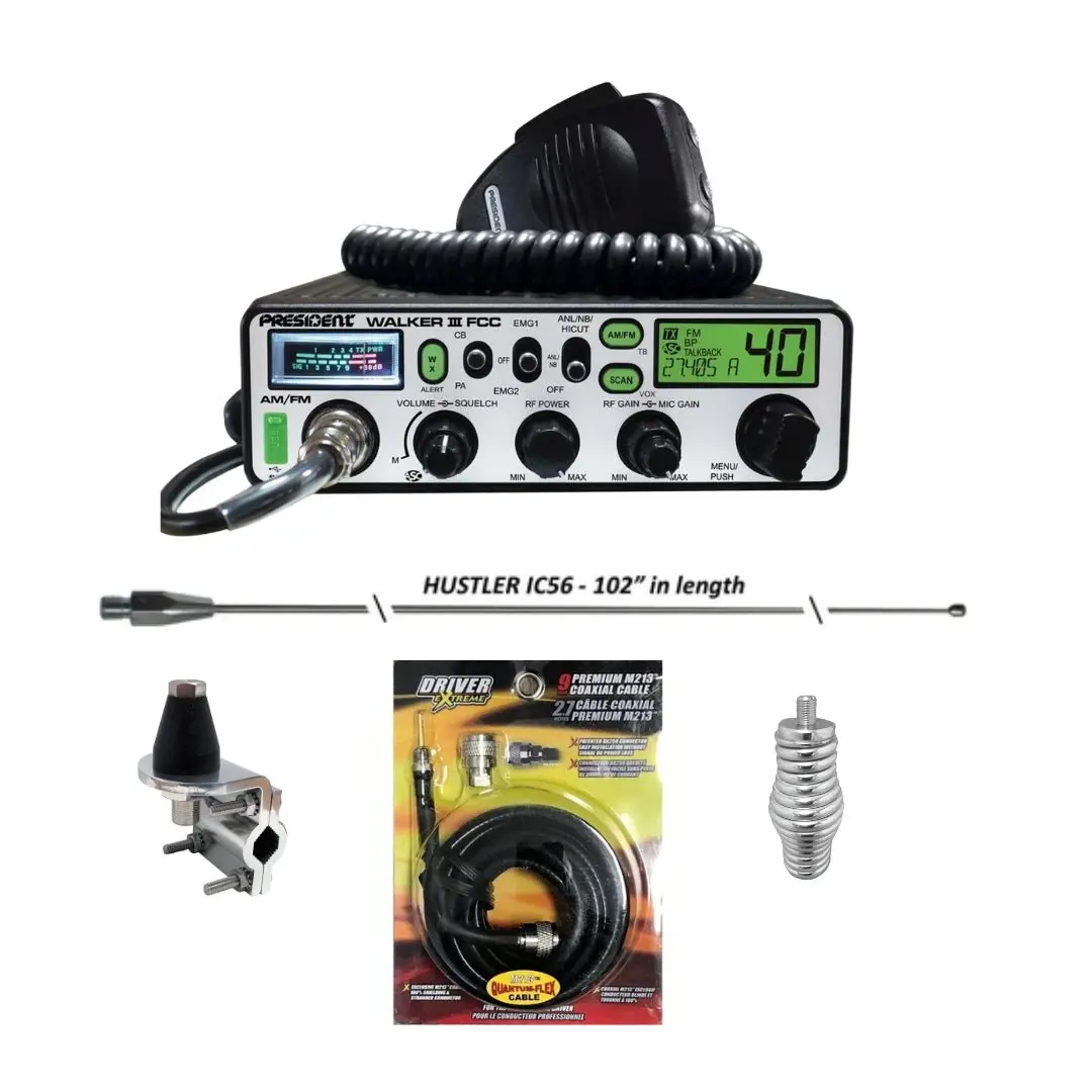 President Walker Iii Am/Fm Cb Radio, Hustler Ic56 102 Inch Whip, Antenna Mirror Mount, Barrel Spring, Coax Cable, Bundle 1
