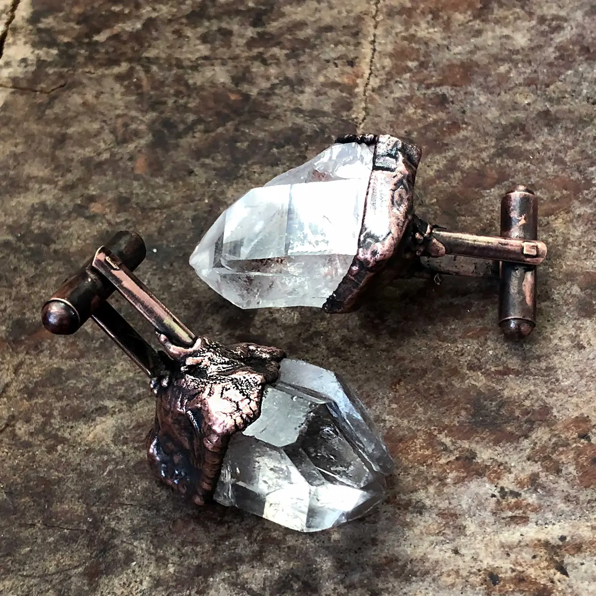 Quartz Cufflinks, Electroformed Copper & Raw Stone Crystal Cuff Links 1