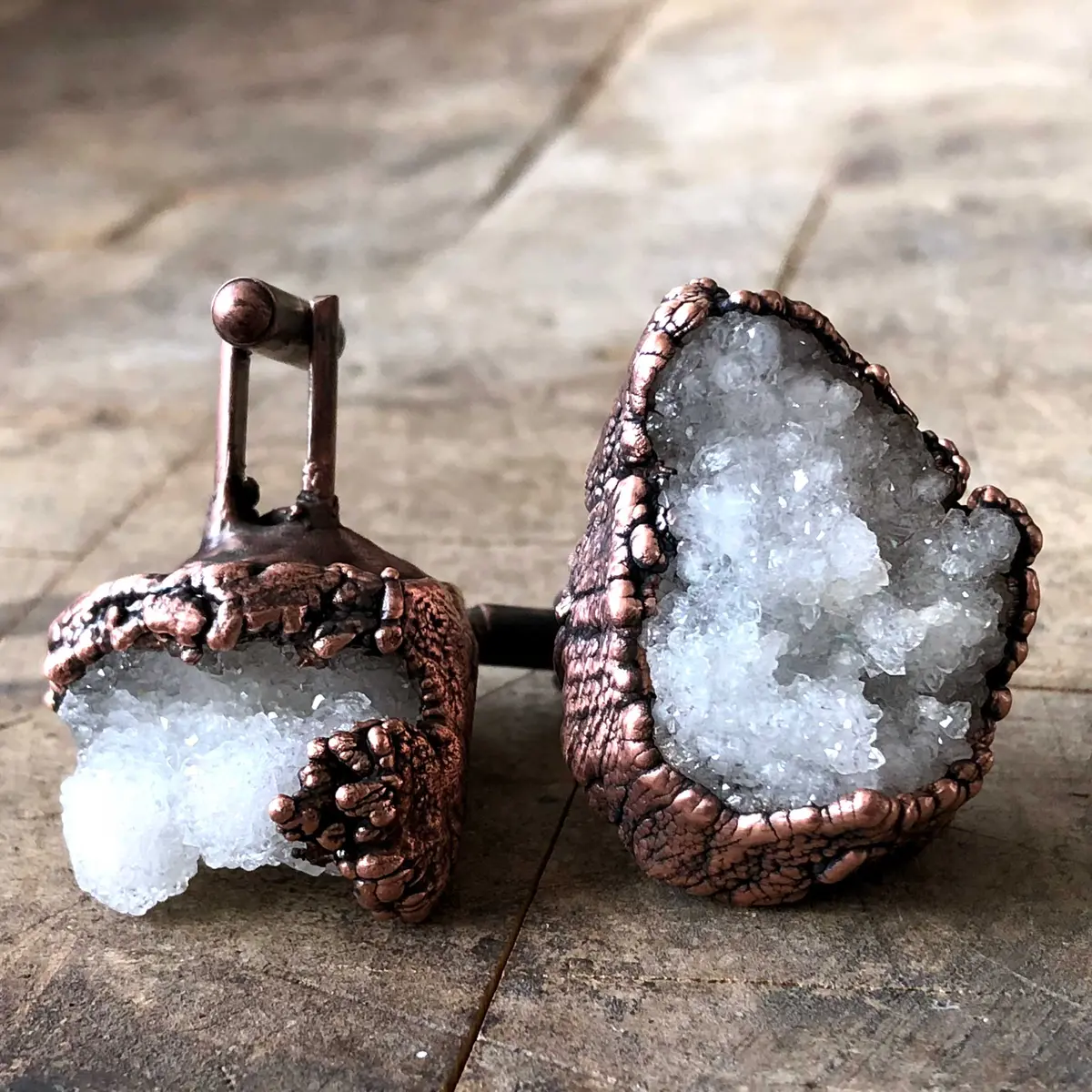 Druzy Quartz Crystal Cufflinks. Electroformed Copper, Raw Stone Crystal Cuff Links 1