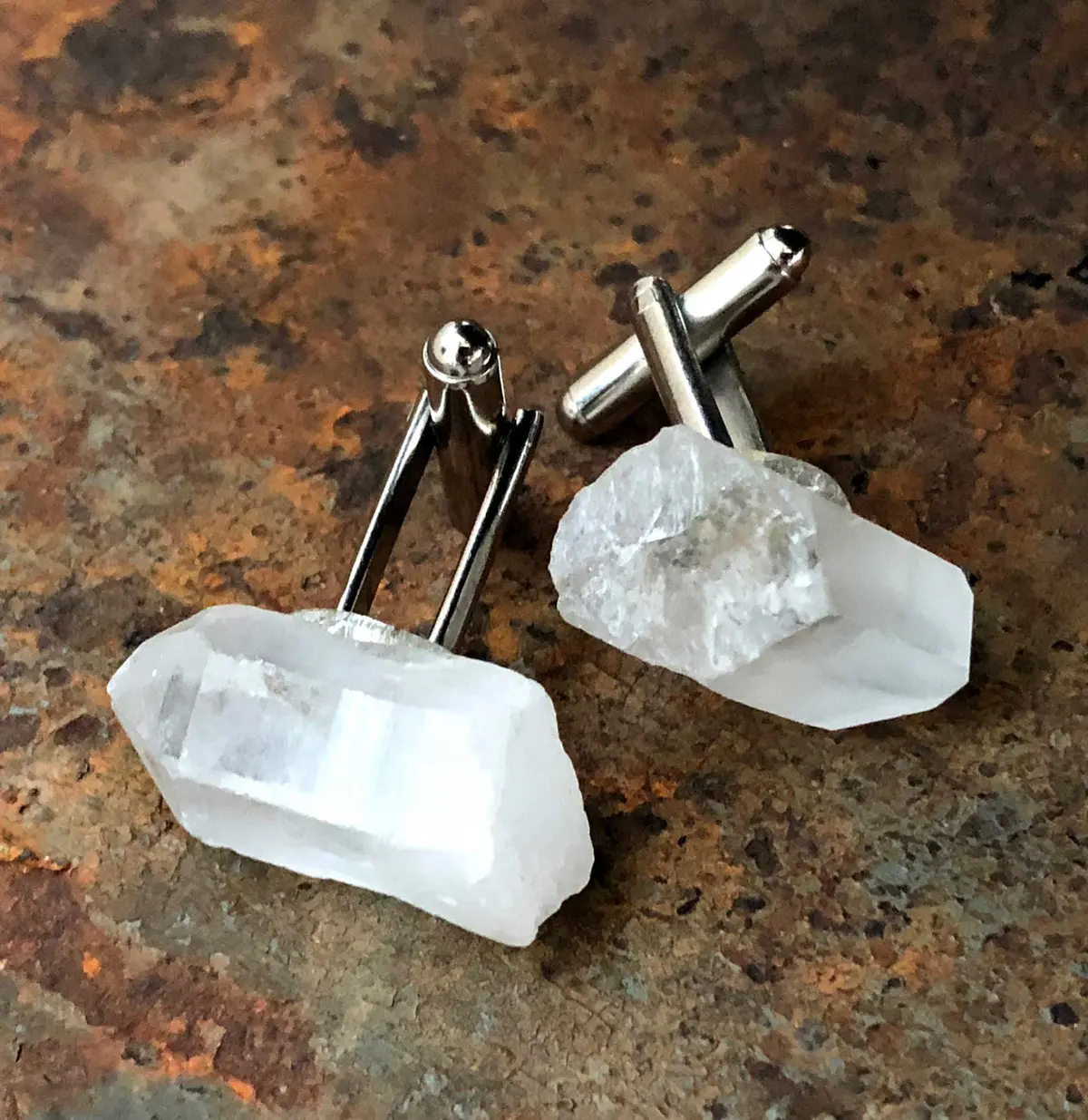 Quartz Point Cufflinks, Raw Stone Crystal Cuff Links 1