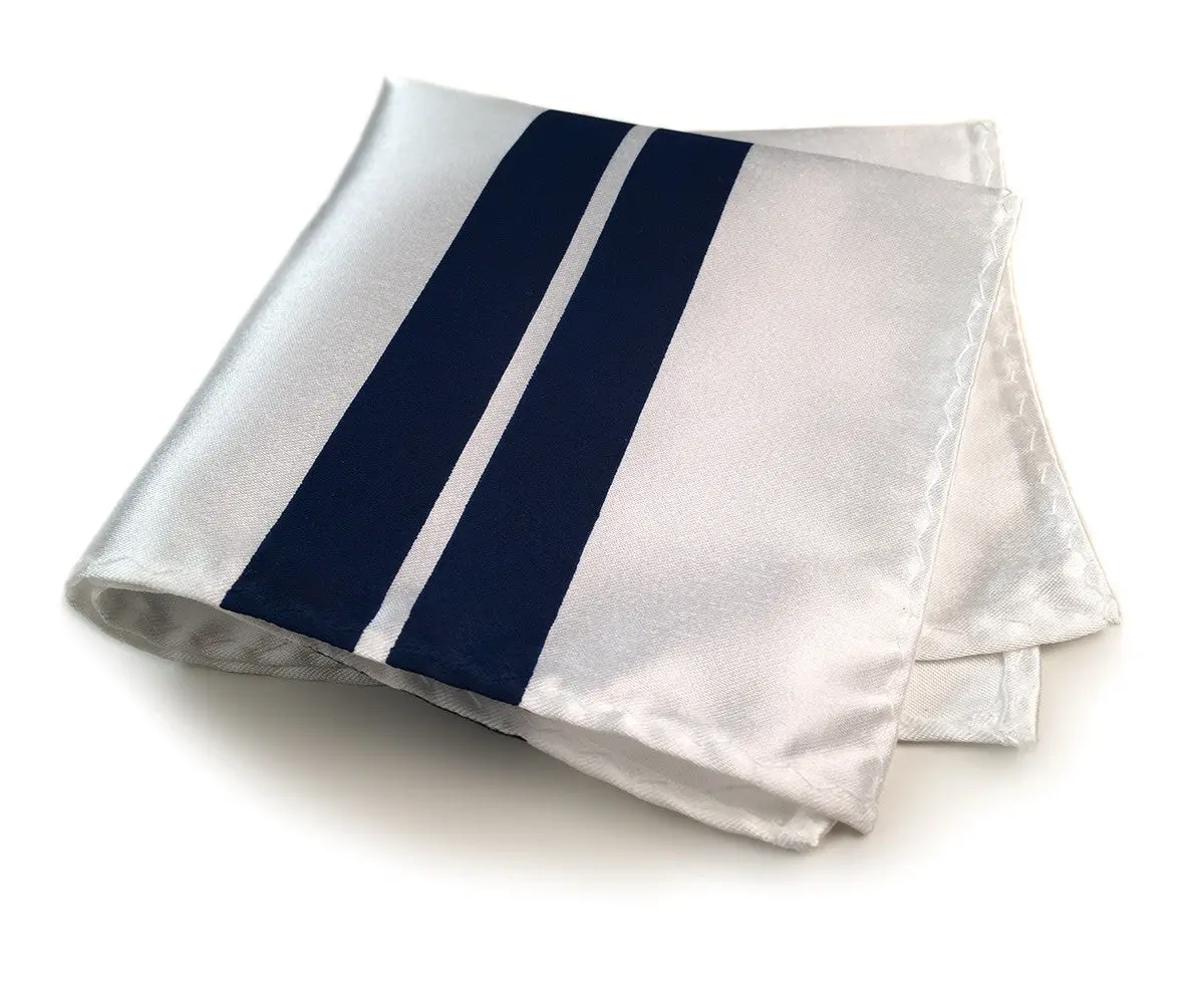 Racing Stripes: White & Blue Microfiber Pocket Square 1