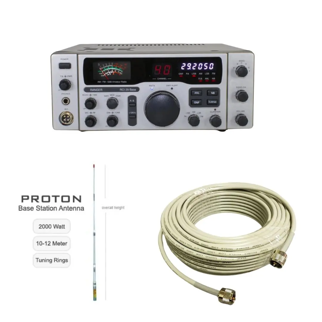 Ranger Rci-29 Base Station 10 Meter Radio, Procomm Proton Pt99 Cb Radio Base Antenna, Tram Rg8x Double Shielded Cb Ham Radio Coax 100 Foot, Combo 1