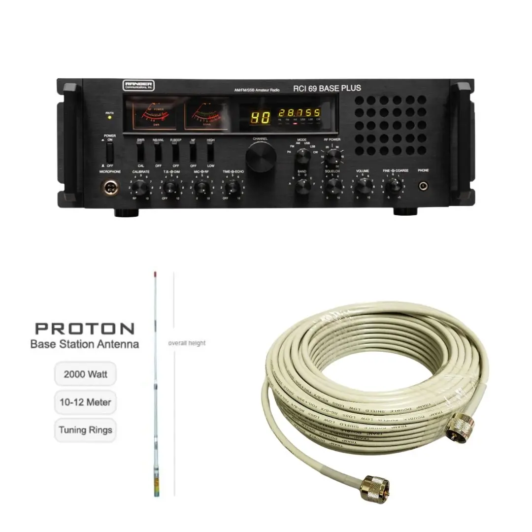 Ranger Rci-69 Base Plus Plus 10 Meter Radio, Procomm Proton Pt99 Cb Radio Base Antenna, Tram Rg8x Double Shielded Cb Ham Radio Coax 100 Foot, Combo 1