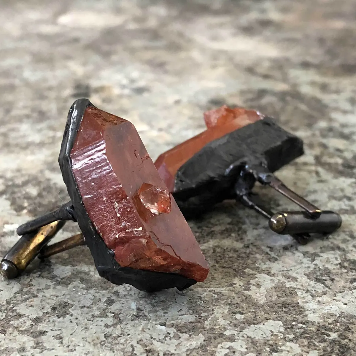 Red Quartz Electroformed Cufflinks, Hematoid Quartz Crystal Cuff Links 1