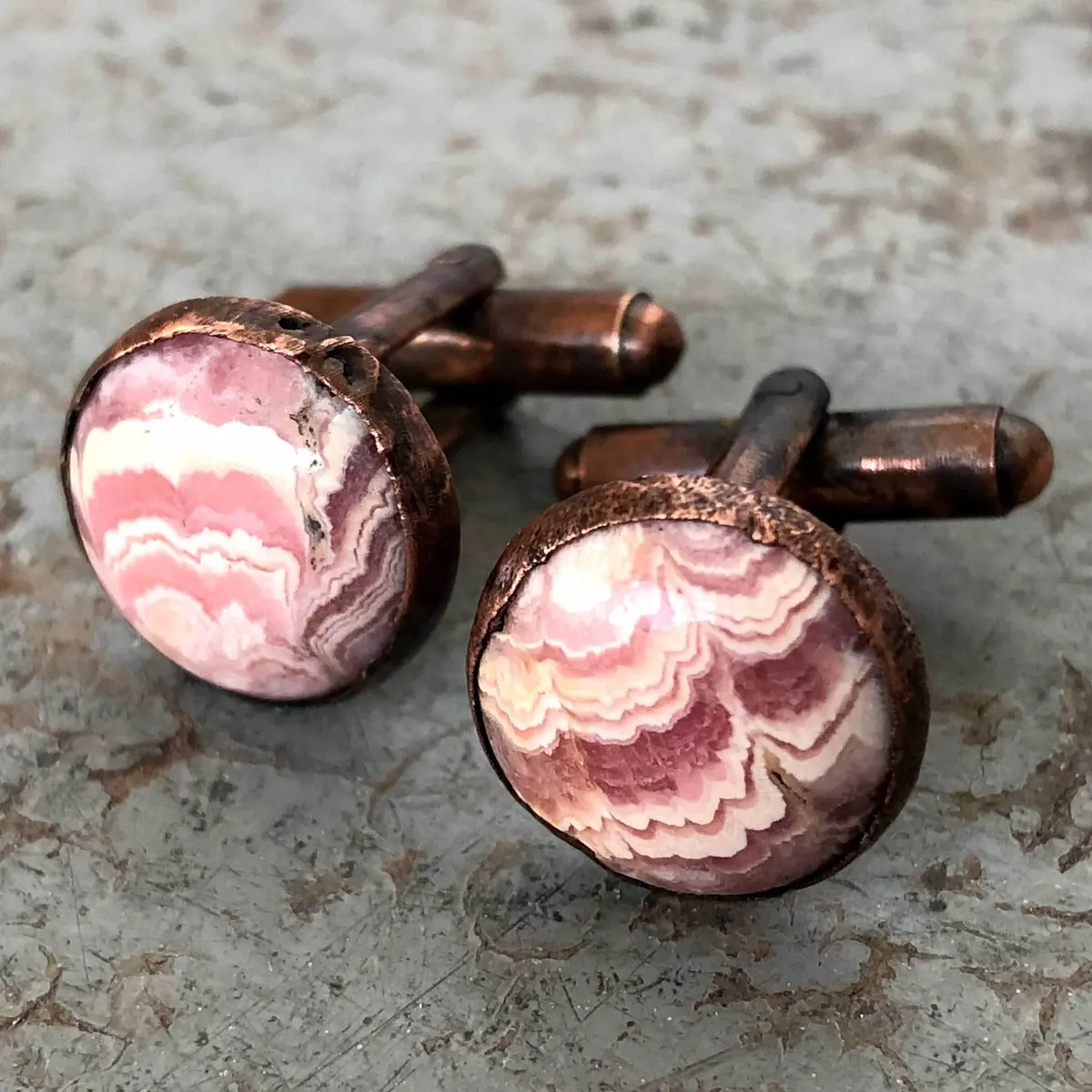 Rhodochrosite Electroformed Cufflinks, Pink Cuff Links 1