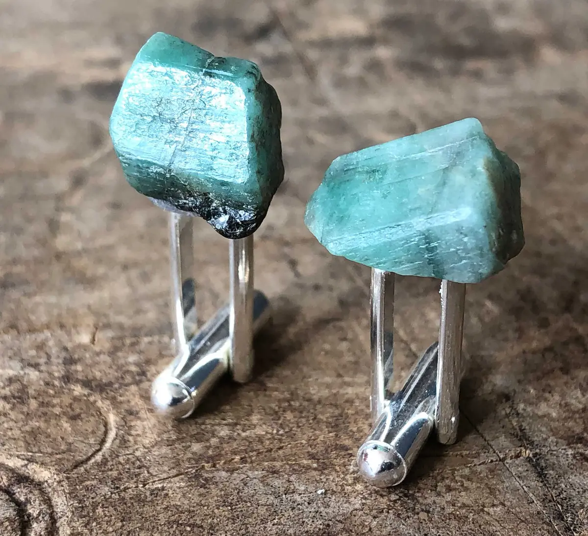 Raw Emerald Crystal Cufflinks, Green Beryl Stone Cufflinks 1