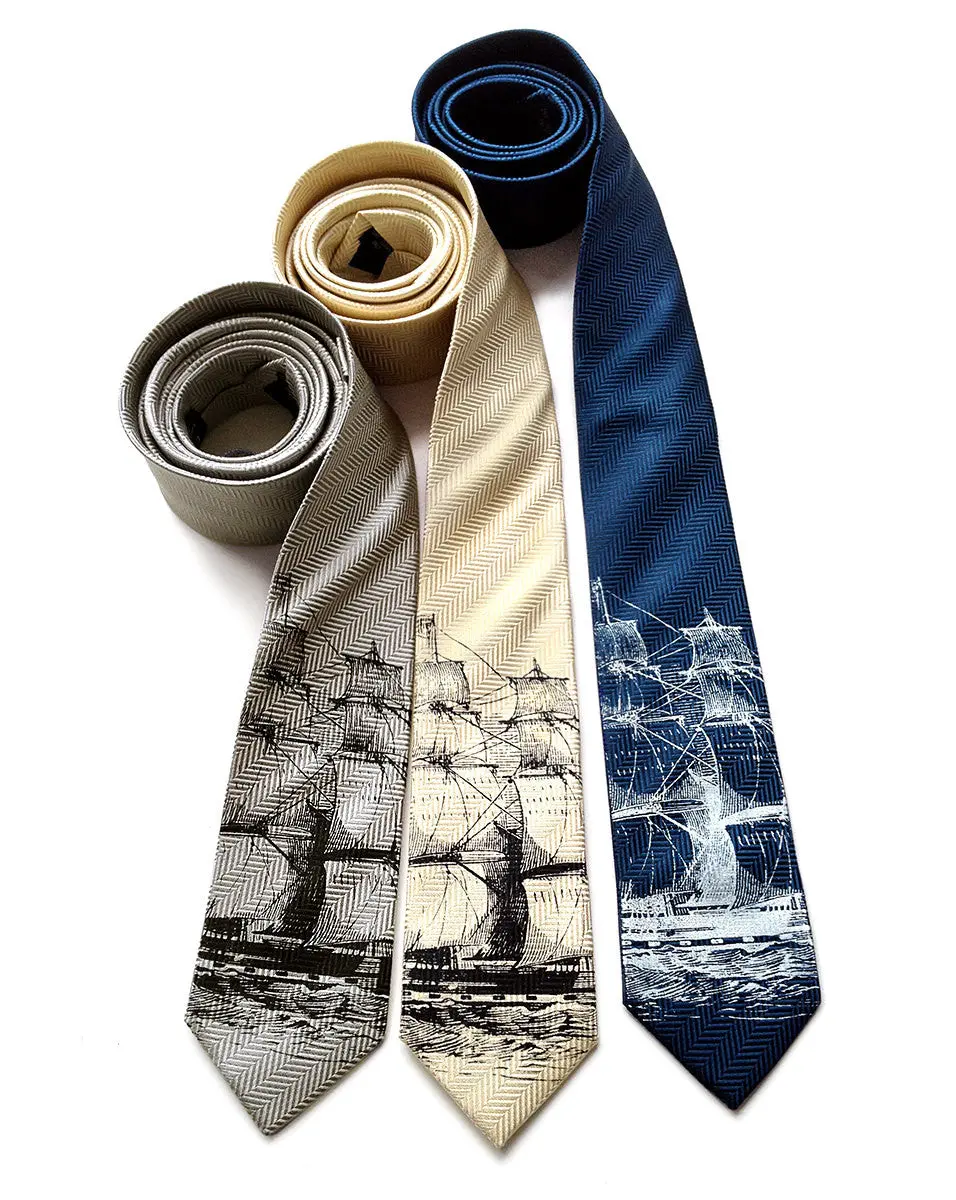 Clipper Ship Necktie. Sailing Ship Herringbone Silk Tie 1