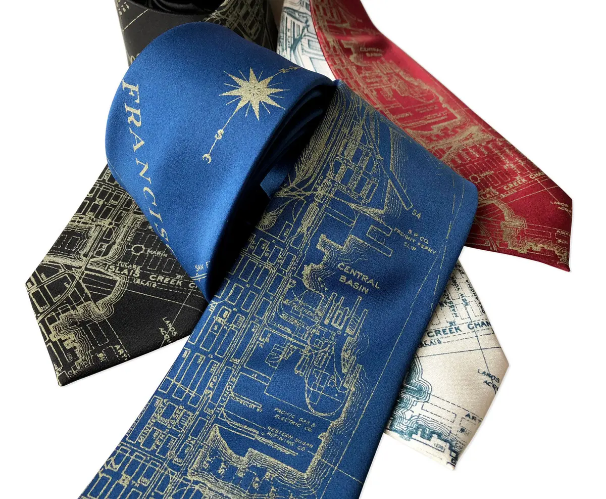 San Francisco Bay Map Necktie, Vintage California Print Tie 4