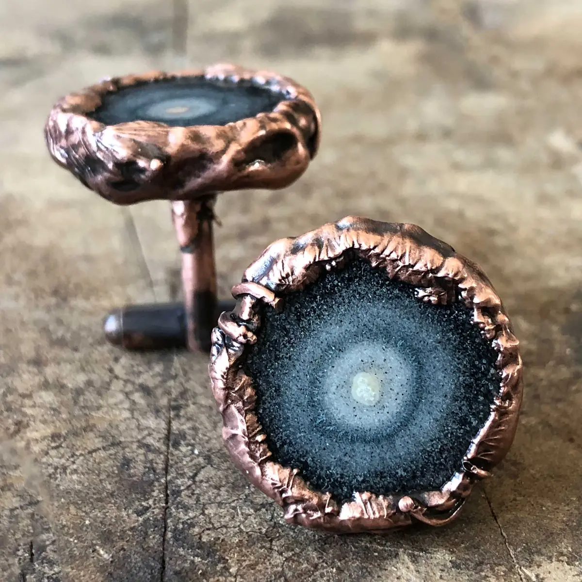 Smoky Solar Quartz Stalactite Slice Cufflinks, Electroformed Copper 1