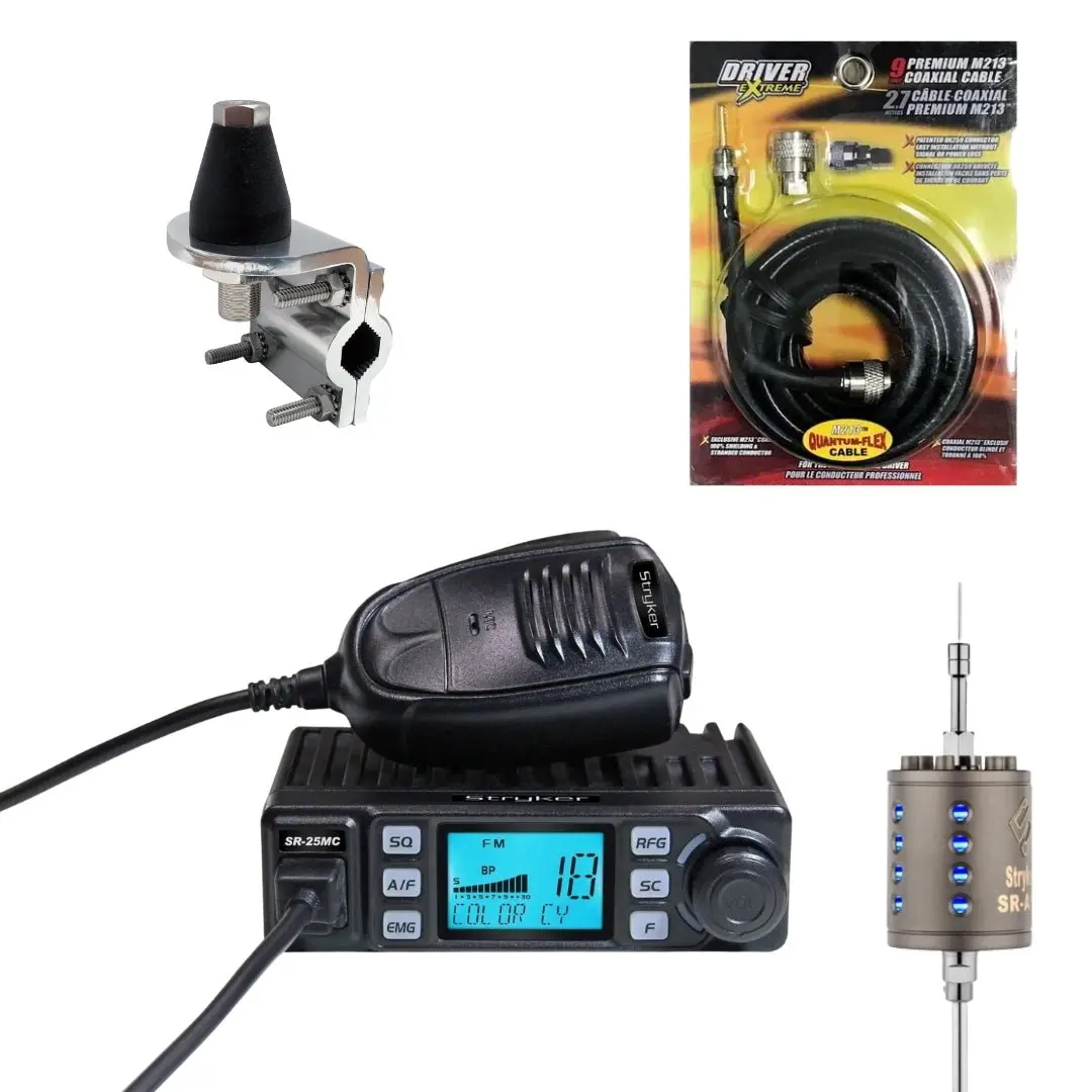 Stryker Sr-25Mc Compact 10 & 11 Meter Radio, Stryker Sr-A10, Drx-3402 Heavy Duty Antenna Mirror Mount, Drx-1518 18 Foot Premium M213, Combo 1