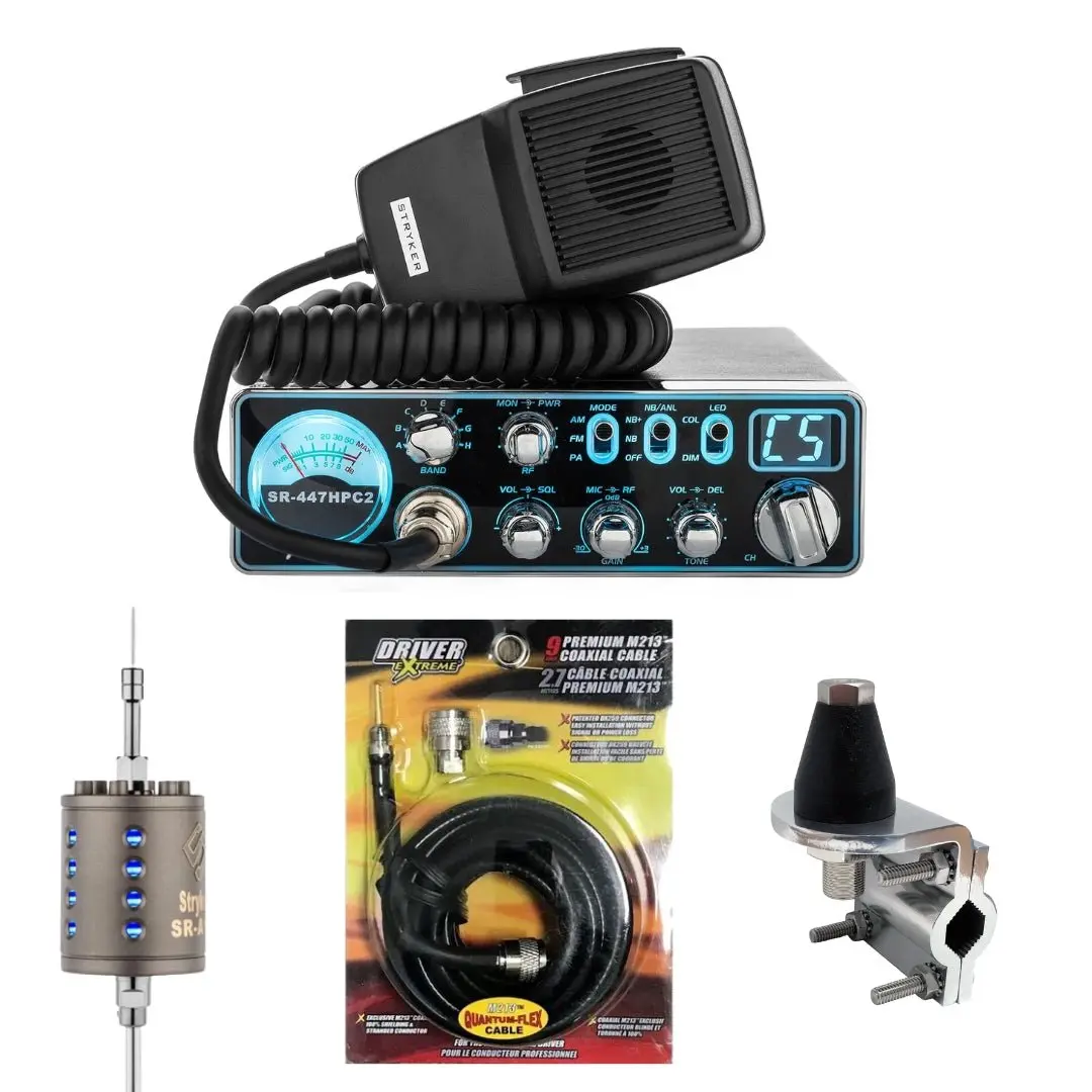 Stryker Sr-447Hpc2 10 Meter Radio, Stryker Sr-A10, Drx-3402 Heavy Duty Antenna Mirror Mount, Drx-1518 18 Foot Premium M213, Combo 1
