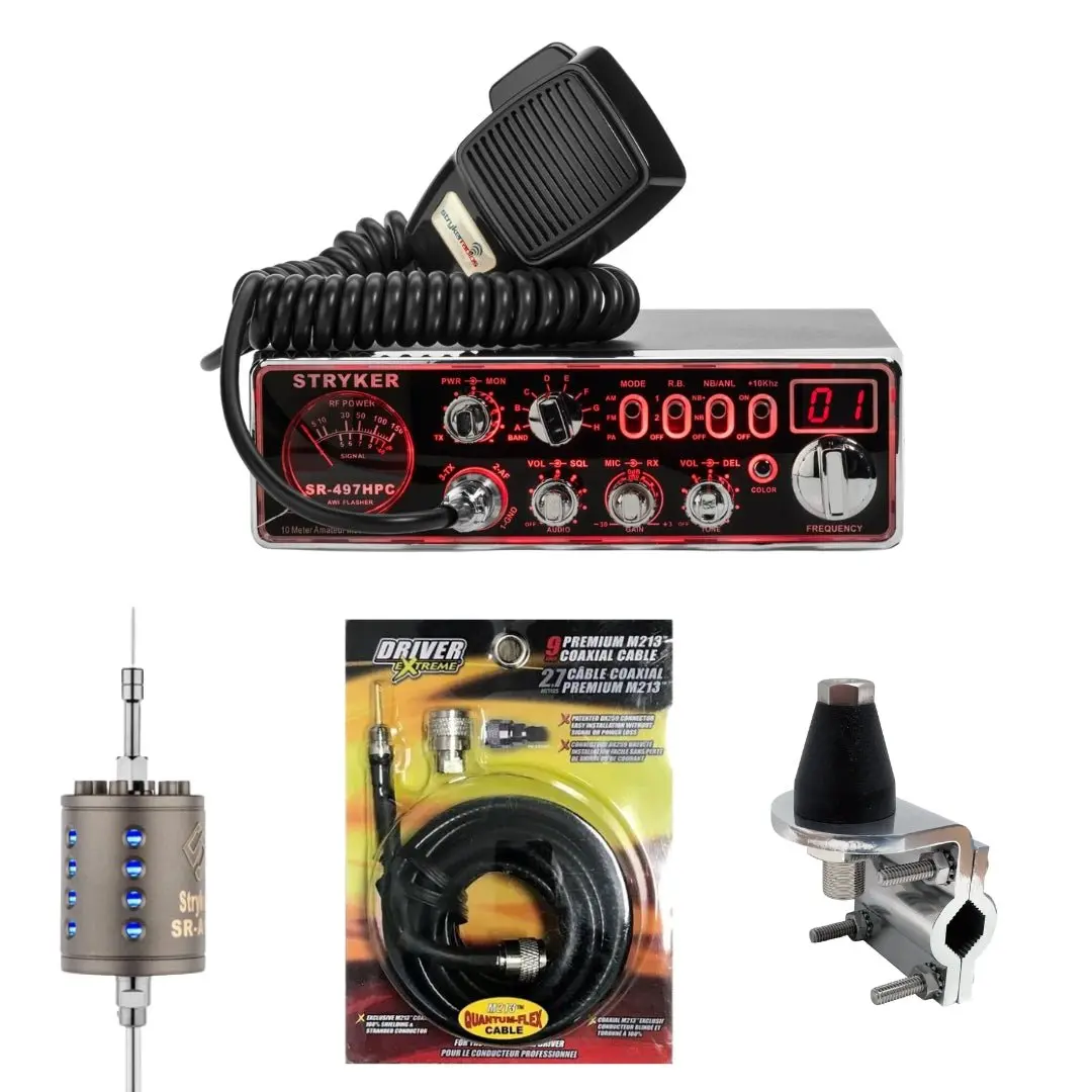 Stryker Sr-497Hpc 10 Meter Radio, Stryker Sr-A10, Drx-3402 Heavy Duty Antenna Mirror Mount, Drx-1518 18 Foot Premium M213, Combo 1