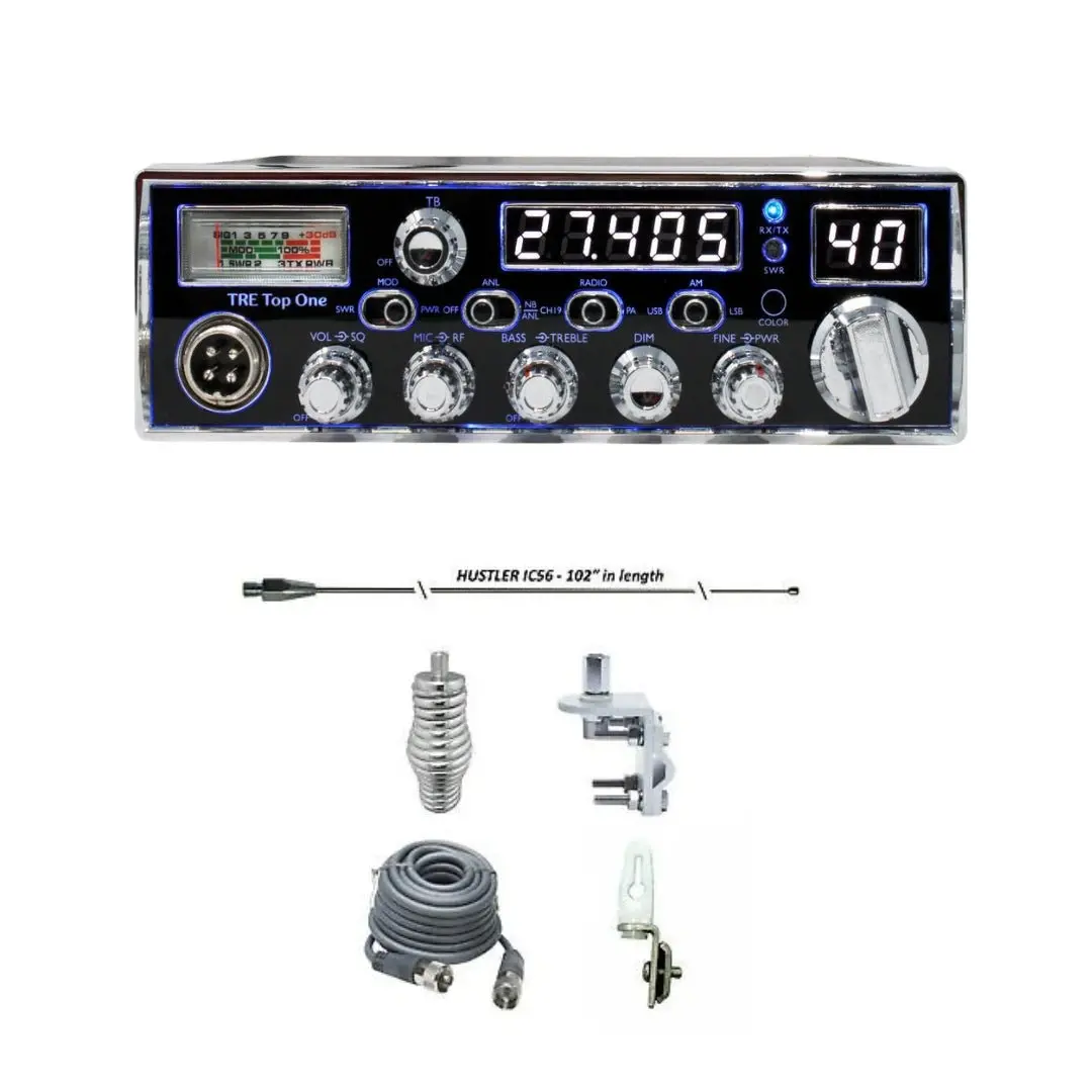 Texas Ranger Tre Top One Am/Ssb Cb Radio, Hustler Ic56 102" Cb Radio Stainless Steel Whip Antenna & Installation Kit - 18' Rg8x, Tie Down, Combo 1
