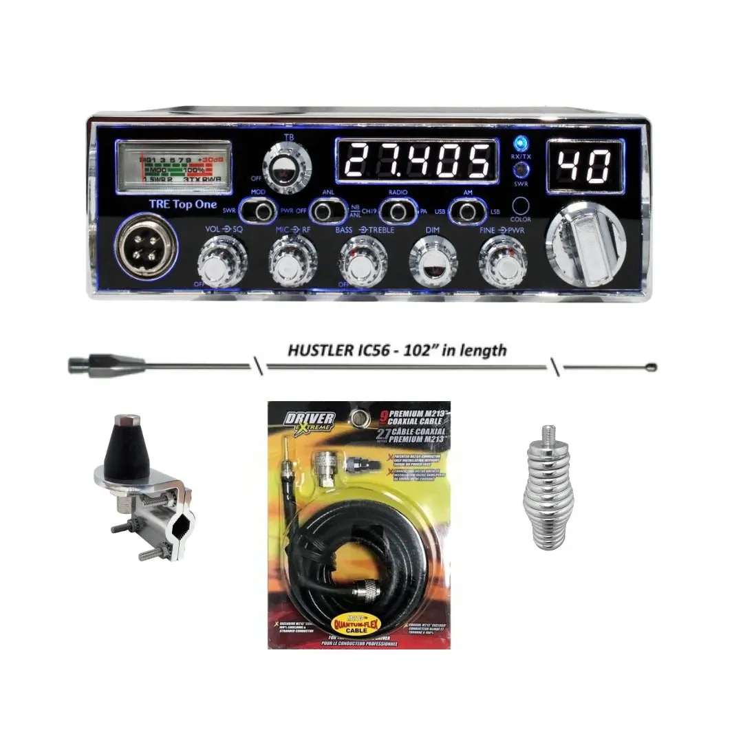 Texas Ranger Tre Top One Cb Radio, Hustler Ic56 102 Inch Whip, Antenna Mirror Mount, Barrel Spring, Coax Cable, Bundle 1