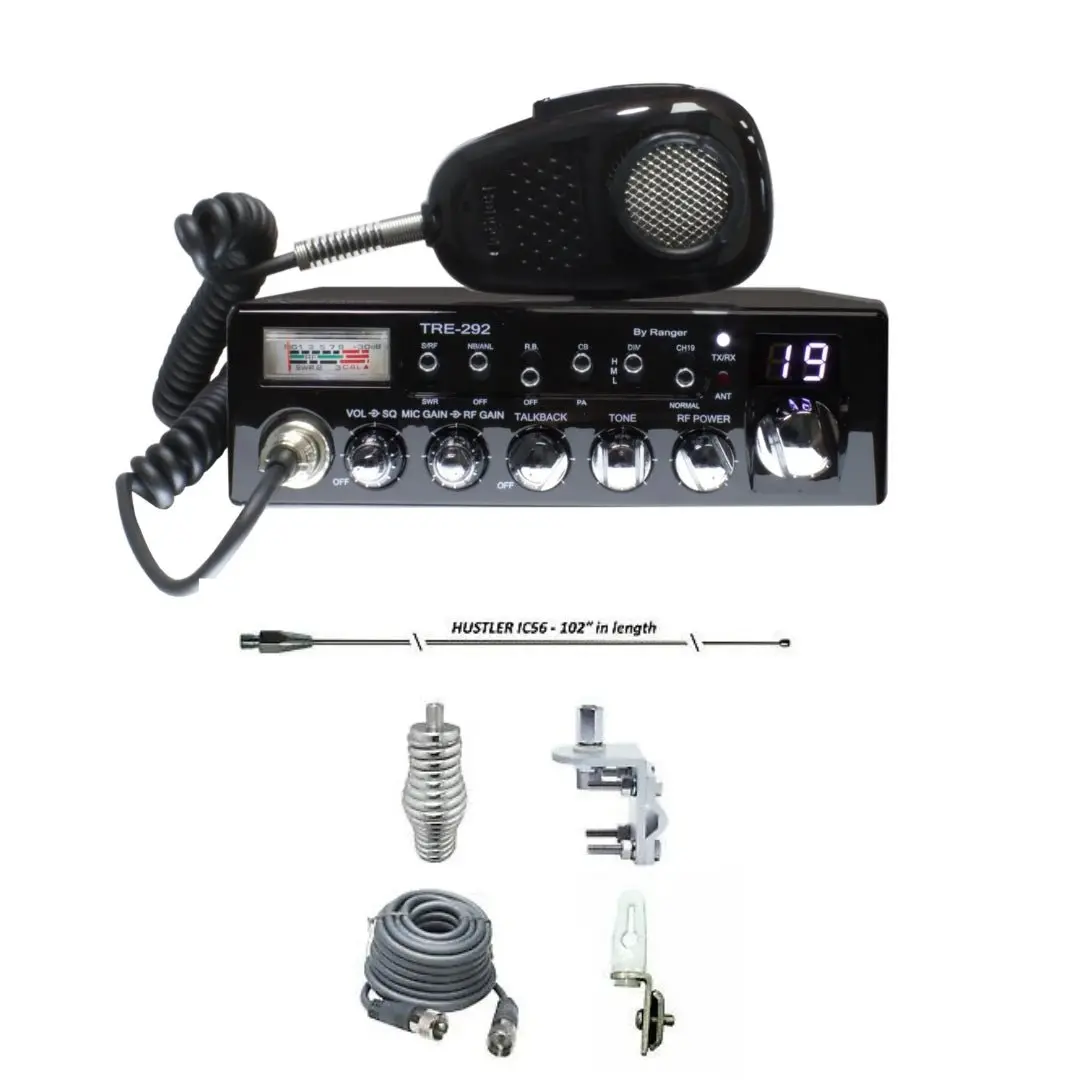 Texas Ranger Tre292 40 Channel Cb Radio, Hustler Ic56 102" Cb Radio Stainless Steel Whip Antenna & Installation Kit - 18' Rg8x, Tie Down, Combo 1