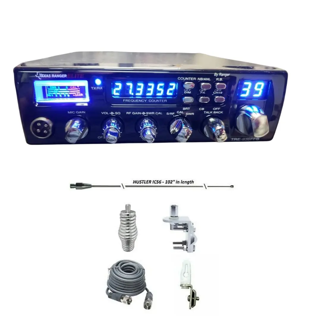 Texas Ranger Tre936ffb Cb Radio, Hustler Ic56 102" Cb Radio Stainless Steel Whip Antenna & Installation Kit - 18' Rg8x, Tie Down, Combo 1