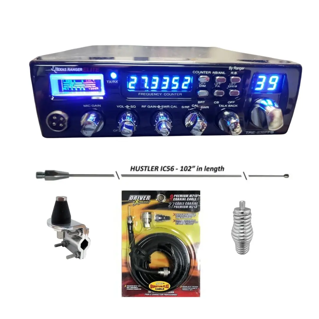 Texas Ranger Tre936ffb Cb Radio, Hustler Ic56 102 Inch Whip, Antenna Mirror Mount, Barrel Spring, Coax Cable, Bundle 1