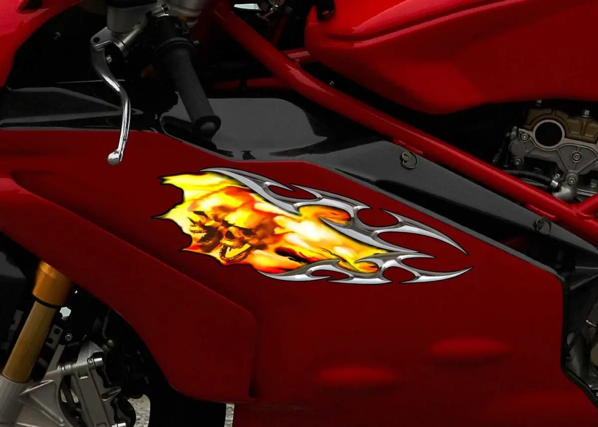 Tribal Fiery Skulls Motorcycle Decals Set – 2Pc 2