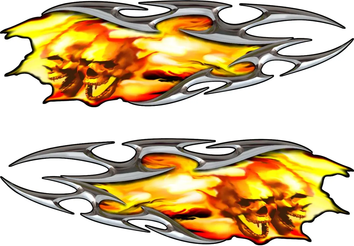 Tribal Fiery Skulls Motorcycle Decals Set – 2Pc 3