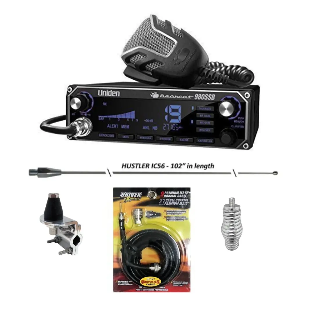 Uniden Bc-980 Am/Ssb Bearcat Cb Radio, Hustler Ic56 102 Inch Whip, Antenna Mirror Mount, Barrel Spring, Coax Cable, Bundle 1