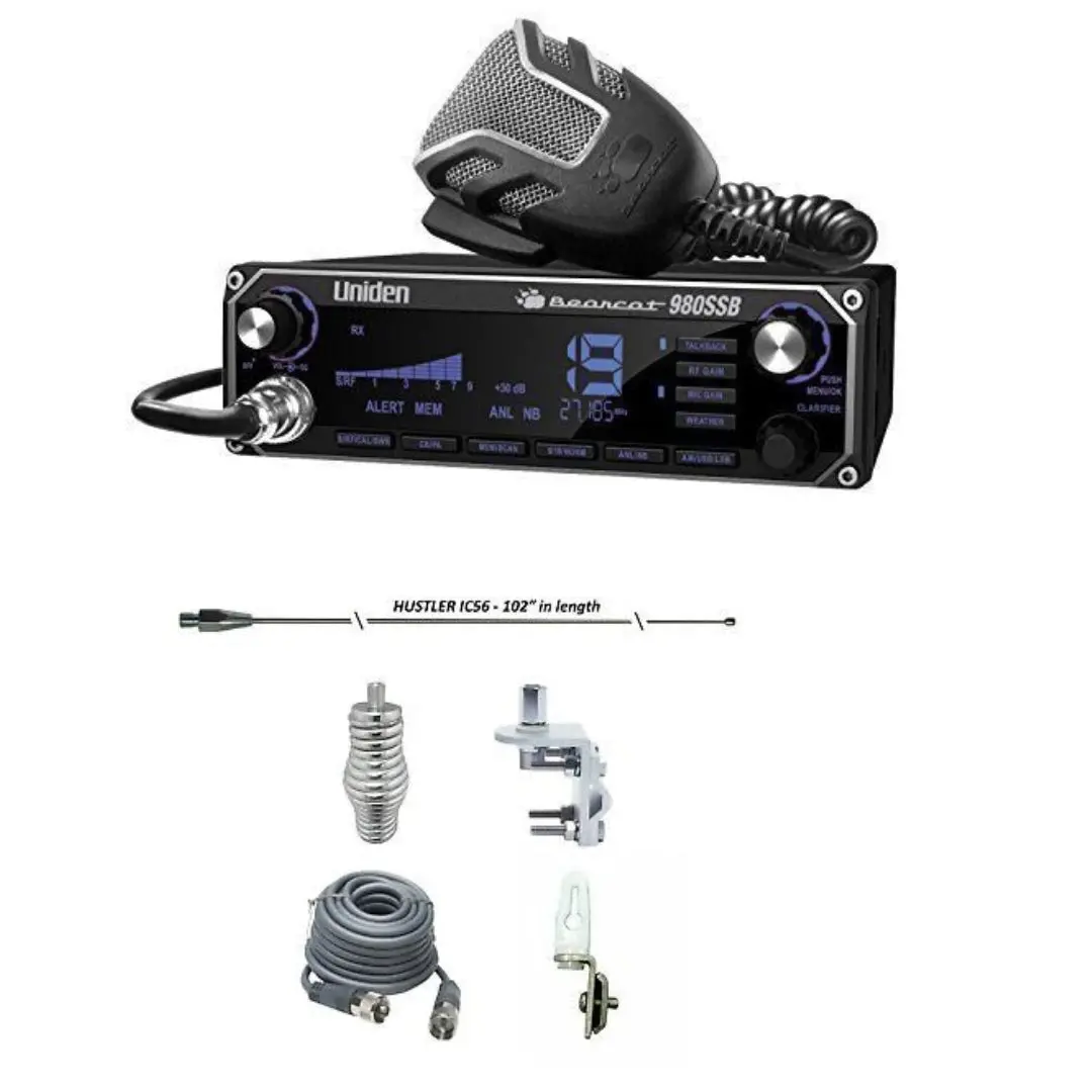 Uniden Bc-980 Bearcat  Cb Radio, Hustler Ic56 102" Cb Radio Stainless Steel Whip Antenna & Installation Kit - 18' Rg8x, Tie Down, Combo 1
