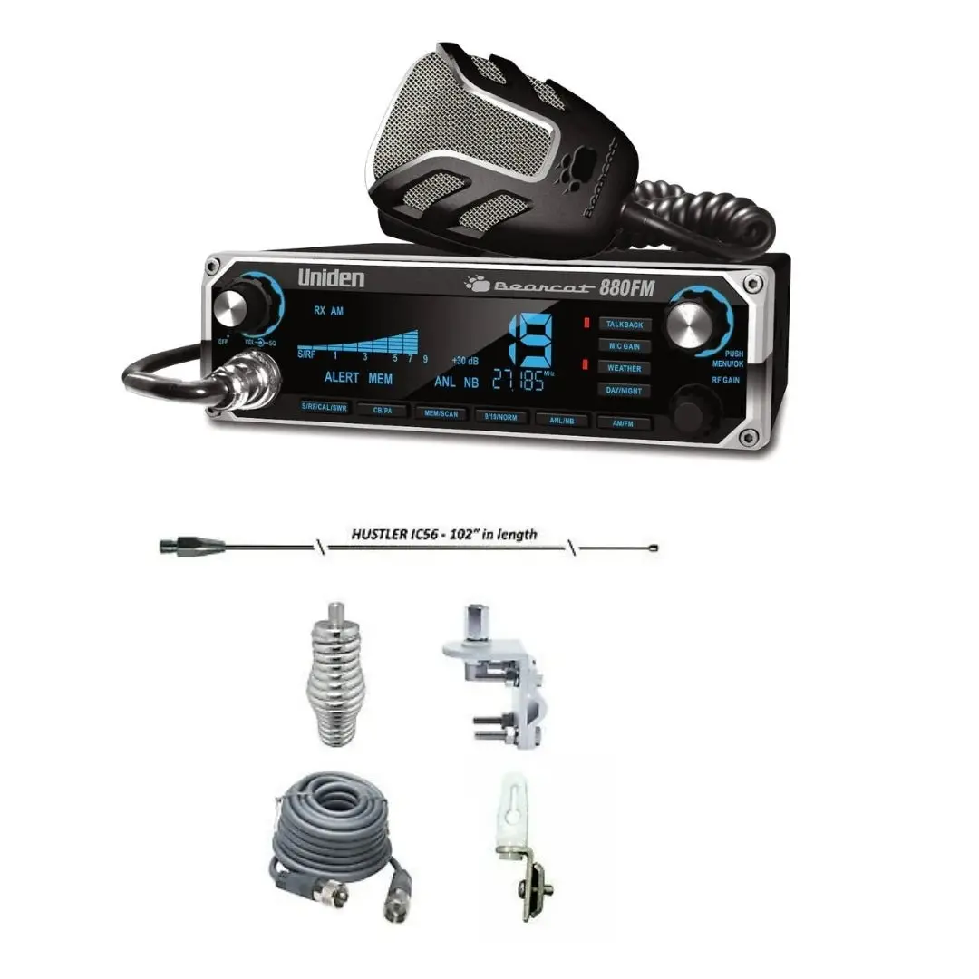 Uniden Bearcat 880 Cb Radio, Hustler Ic56 102" Cb Radio Stainless Steel Whip Antenna & Installation Kit - 18' Rg8x, Tie Down, Combo 1