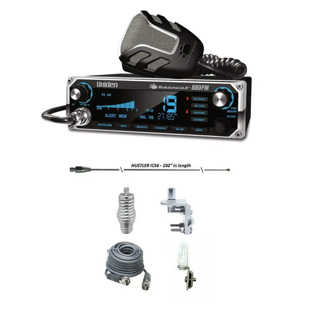 Uniden Bearcat 880 Fm, Hustler Ic56 102" Cb Radio Stainless Steel Whip Antenna & Installation Kit - 18' Rg8x, Tie Down, Combo 1