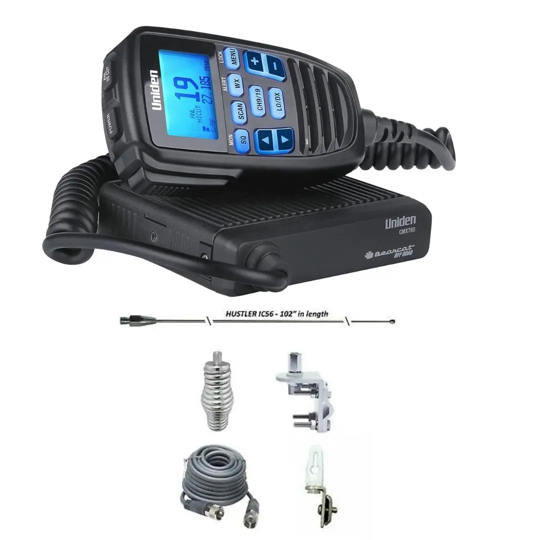 Uniden Off-Road Cmx760 Cb Radio, Hustler Ic56 102" Cb Radio Stainless Steel Whip Antenna & Installation Kit - 18' Rg8x, Tie Down, Combo 1