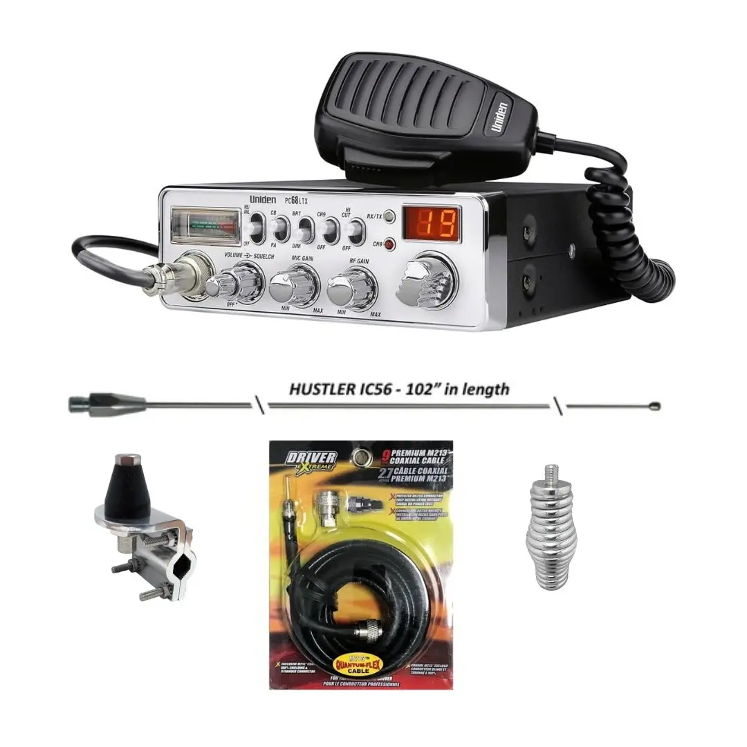 Uniden Pc68ltx Cb Radio, Hustler Ic56 102 Inch Whip, Antenna Mirror Mount, Barrel Spring, Coax Cable, Bundle 1