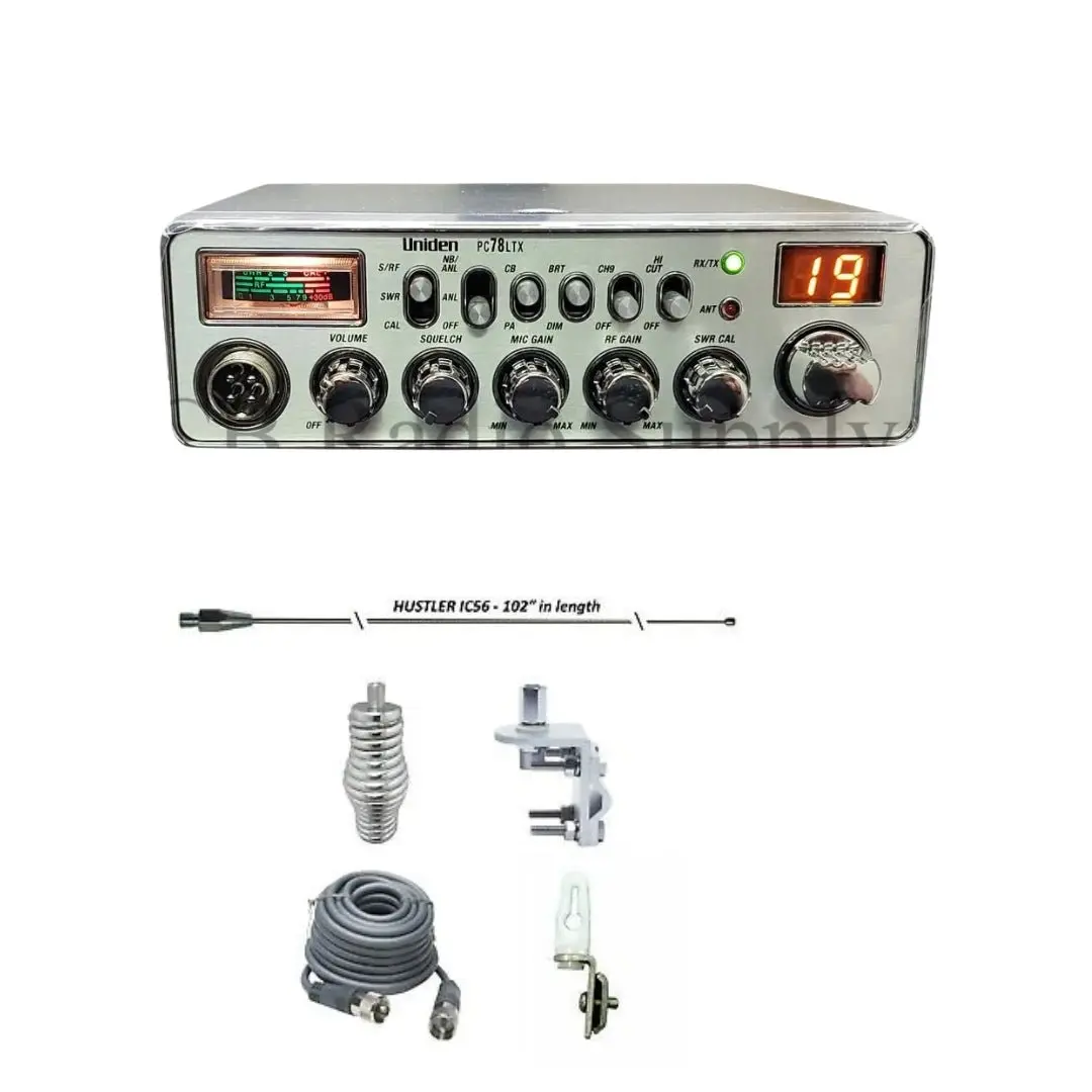 Uniden Pc78ltx Cb Radio, Hustler Ic56 102" Cb Radio Stainless Steel Whip Antenna & Installation Kit - 18' Rg8x, Tie Down, Combo 1
